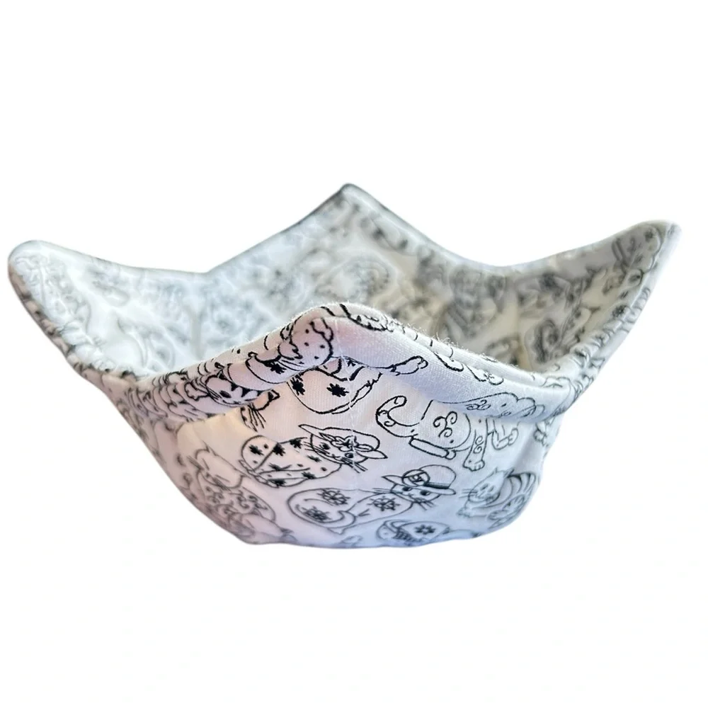 Hand Crafted Trinket Bowl Basket Black and White Cat Print Storage Bin
